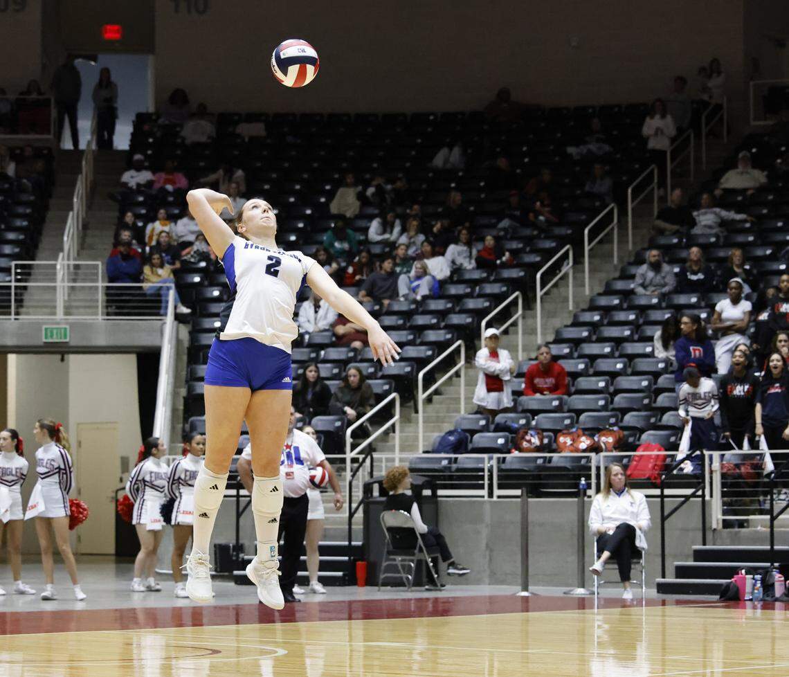 Game MVP, Trophy Club Byron Nelson outside hitter Kylie Kleckner (2) serves to Pearland Dawson during the second set of the UIL Class 6A Division I state volleyball championship game Saturday Nov. 22, 2025 at Curtis Culwell Center in Garland, Texas.