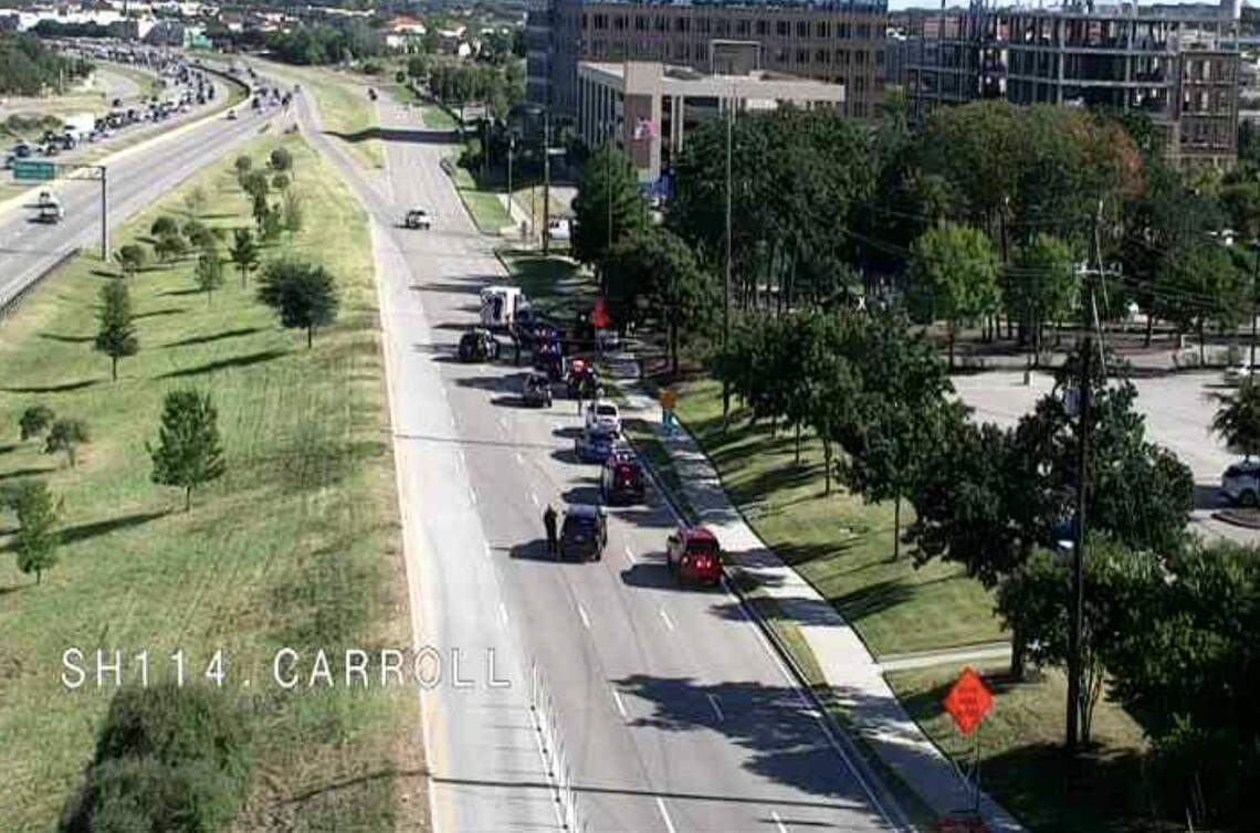 Southlake police shot a suspect in the area of the eastbound Texas 114 service road near Carroll Avenue on Monday afternoon.