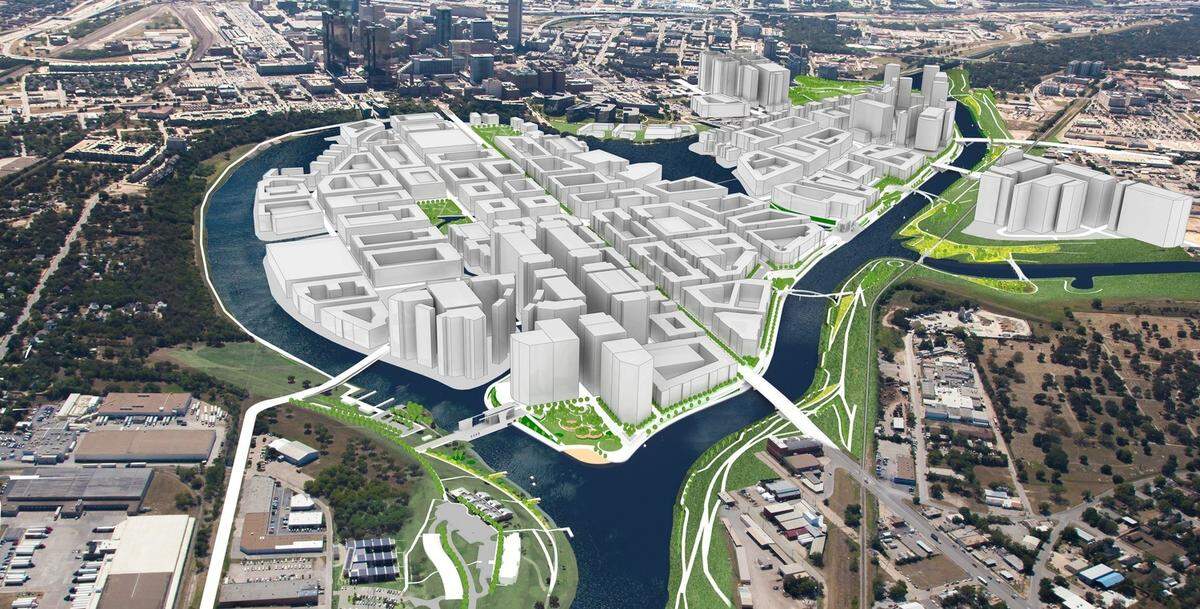 Artist rendering of Panther Island, looking south from Fort Worth’s North Side.