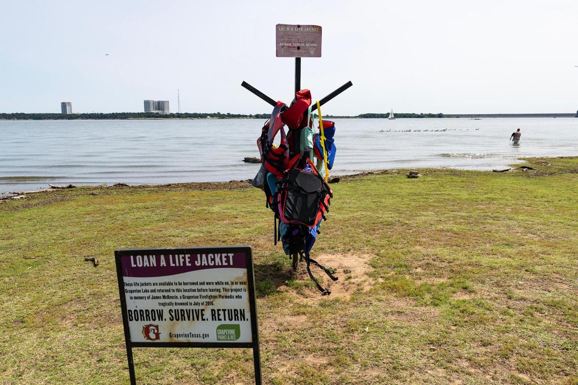 Community life jackets are available for anyone who desires to go into the water at Oak Grove Park near Grapevine Lake on May 31.