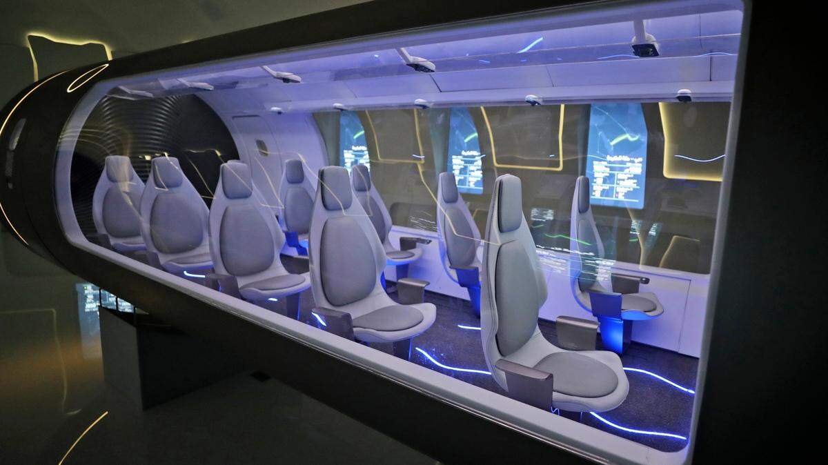 A hyperloop vehicle is on display during a media tour at Spain Pavilion at the Dubai Expo. The high-speed transit system might one day link Dallas and Fort Worth.