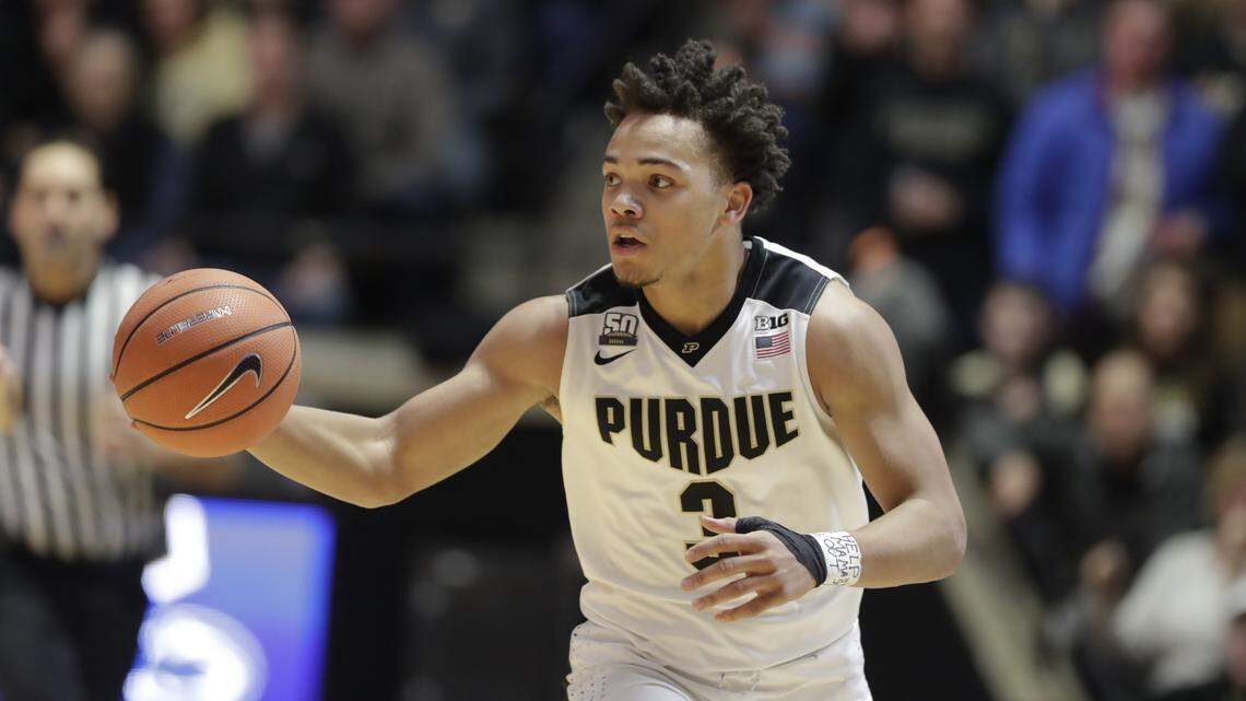 Purdue guard Carsen Edwards brings the ball up court against against Penn State during a game in February.