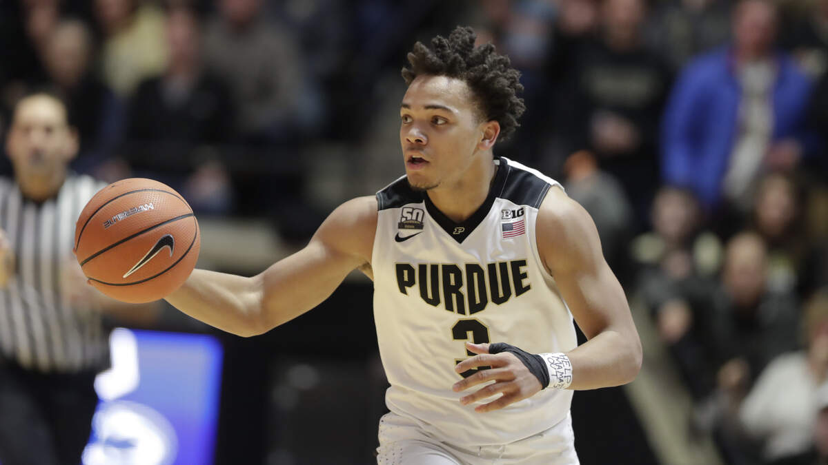 Purdue guard Carsen Edwards brings the ball up court against against Penn State during a game in February.