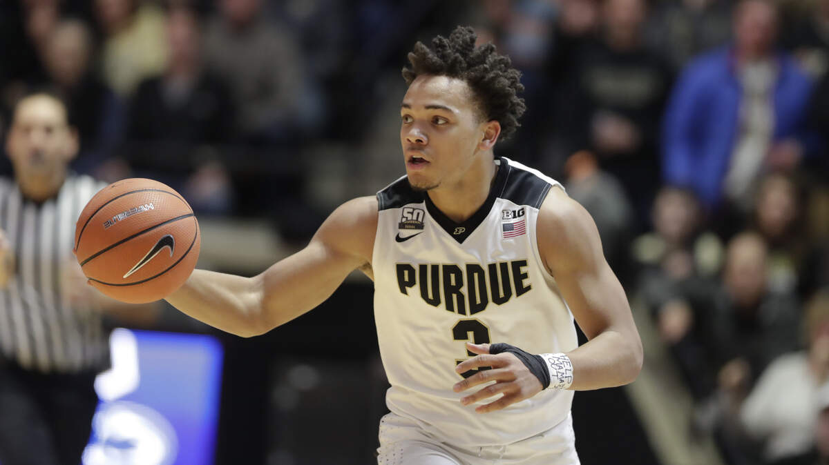 Purdue guard Carsen Edwards brings the ball up court against against Penn State during a game in February.
