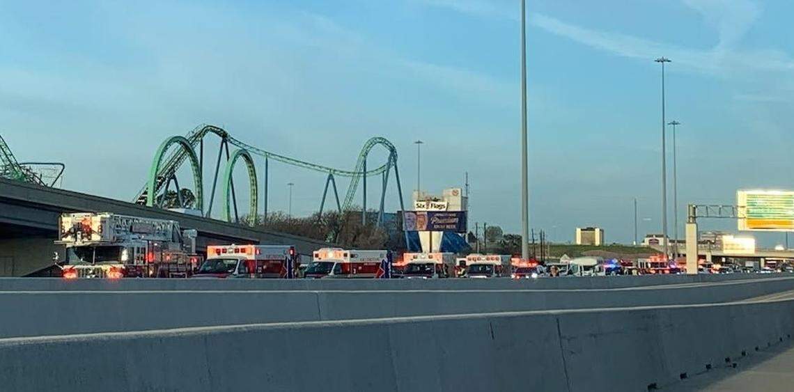 Emergency vehicles respond to a wreck involving a Dallas County Sheriff’s Office inmate transport van and a pickup truck along Interstate 30 near Six Flags Drive in Arlington on Tuesday morning, March 18, 2025.