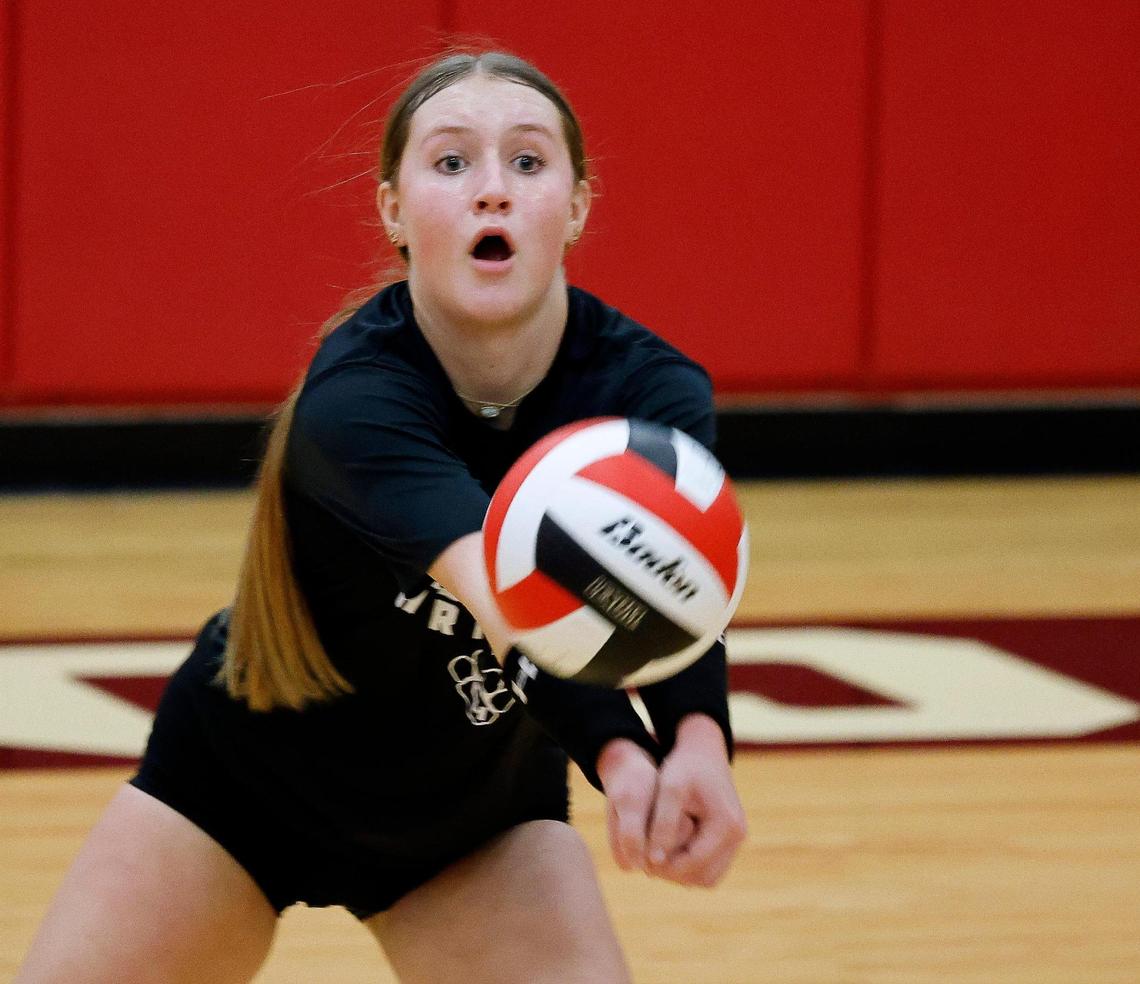 Claire Bundy passes the ball during the Panthers volleyball practice for the state semifinals at Colleyville Heritage High School in Colleyville, Texas, Wednesday, Nov. 15, 2023.
