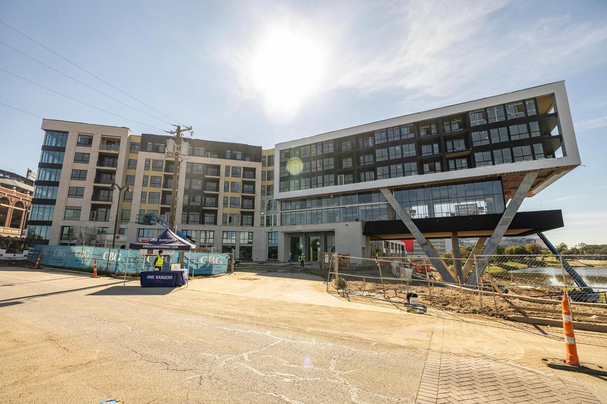 Construction remains underway for the the One Rangers Way residential apartment complex in the Arlington Entertainment District on Tuesday, Nov. 12, 2024. The complex is expected to move in residents in January 2025.
