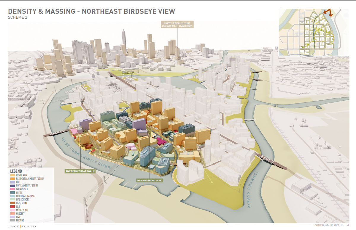 A concept rendering of an island with a bunch of colored boxes representing different kinds of development.