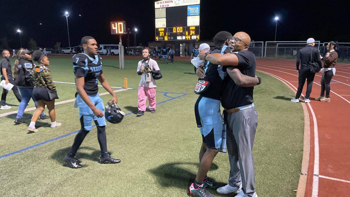 Arlington Seguin celebrates after a win against Ennis on Thursday.