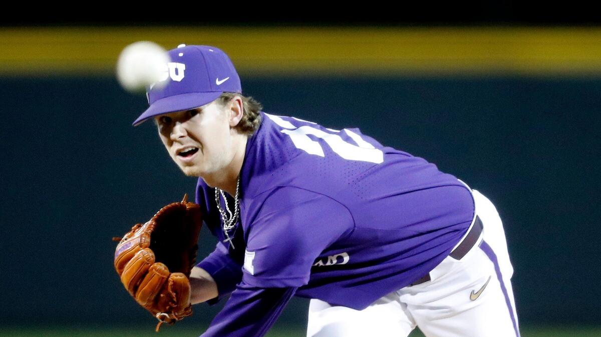 TCU left handed pitcher Haylen Green (23) throws in the first inning during a NCAA college baseball game at Lupton Stadium in Fort Worth, Texas, Wednesday, Feb. 20, 2019. TCU led 6-3 after four innings. (Star-Telegram Bob Booth)