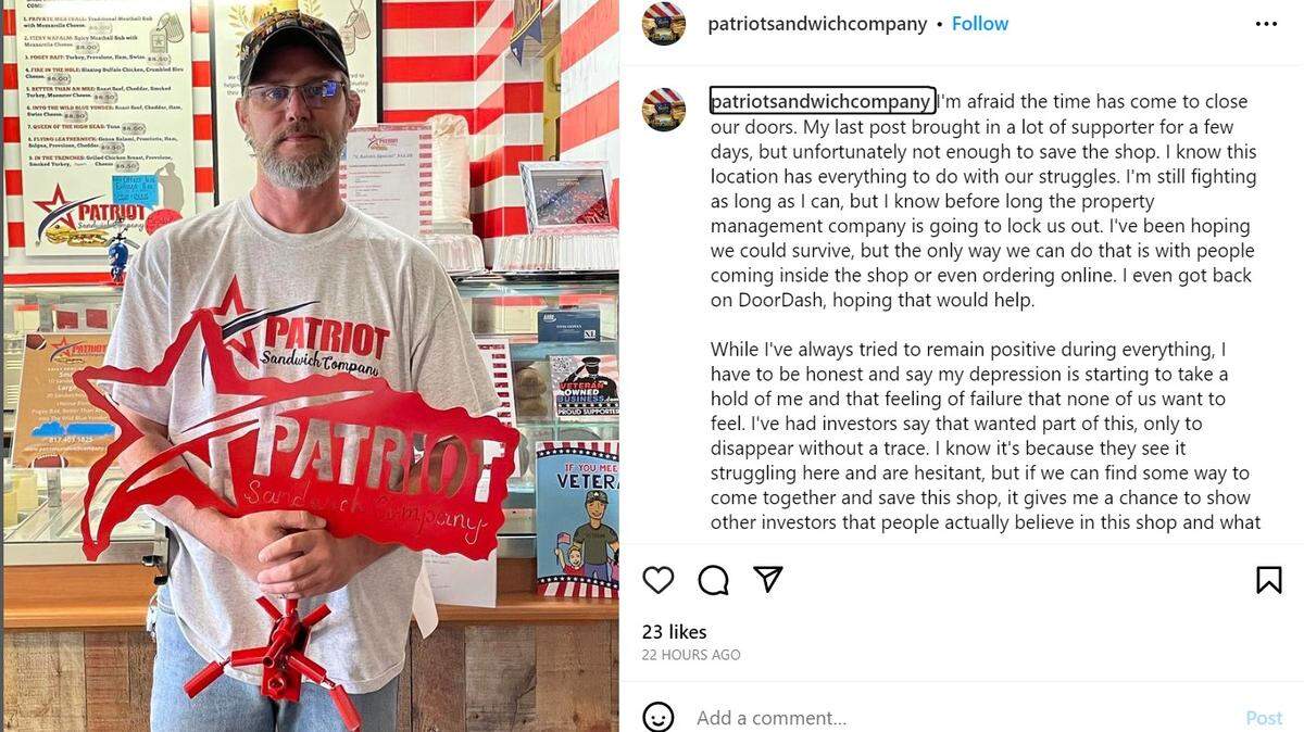David Jordan, owner of Patriot Sandwich Company, said the doors on his veteran owned business may close soon, citing low traffic due to the restaurant’s location.