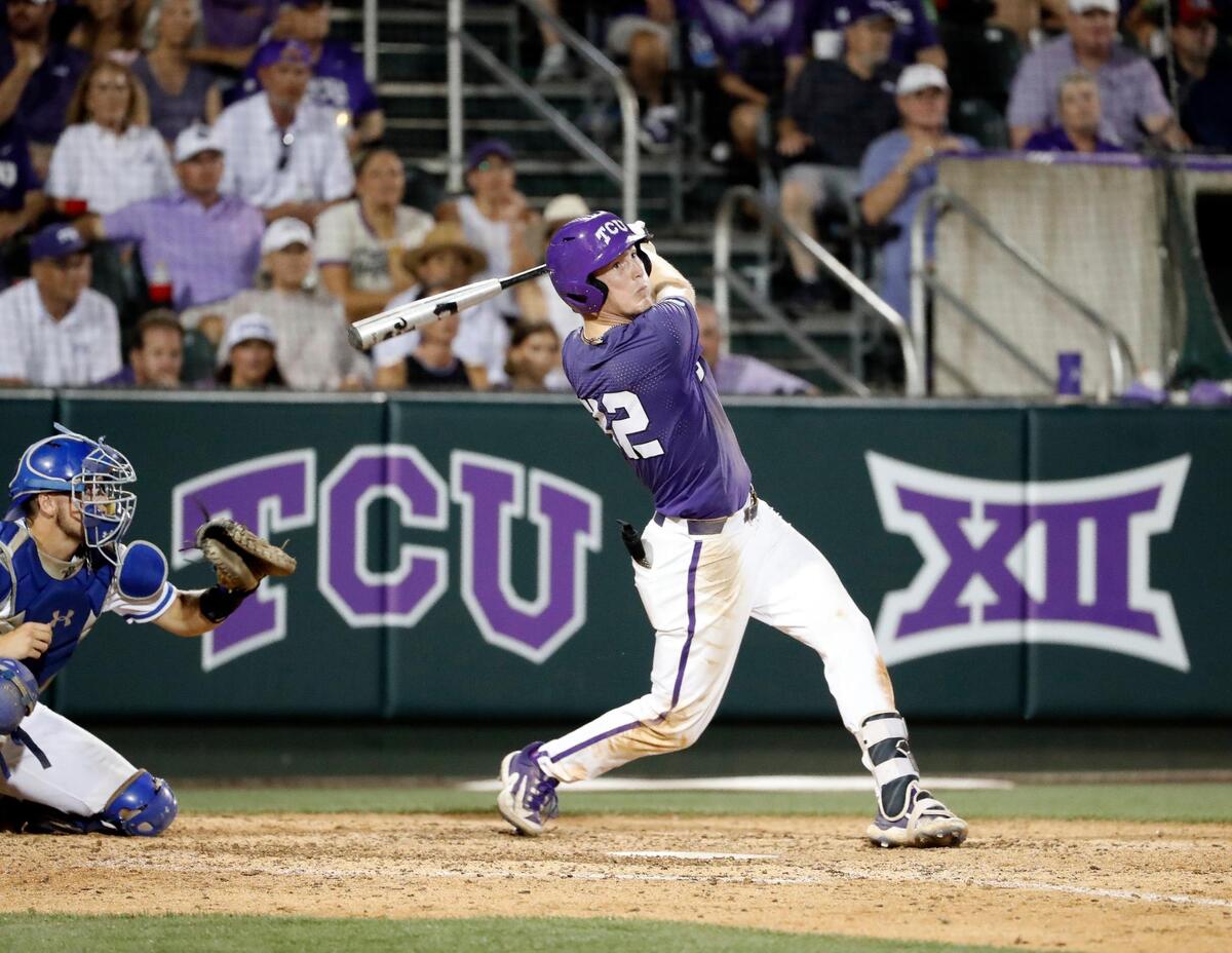 TCU first baseman Cole Fontenelle (32) connects on a home run during game two of the NCAA Super Regional between TCU and Indiana State at Lupton Stadium in Fort Worth, Texas, Saturday June 10, 2023. Indiana State led 2-0 going into the fourth inning. The game was delayed two hours due to weather. TCU defeated Indians State 6-4 to move on to the College World Series in Omaha. (Special to the Star-Telegram Bob Booth)