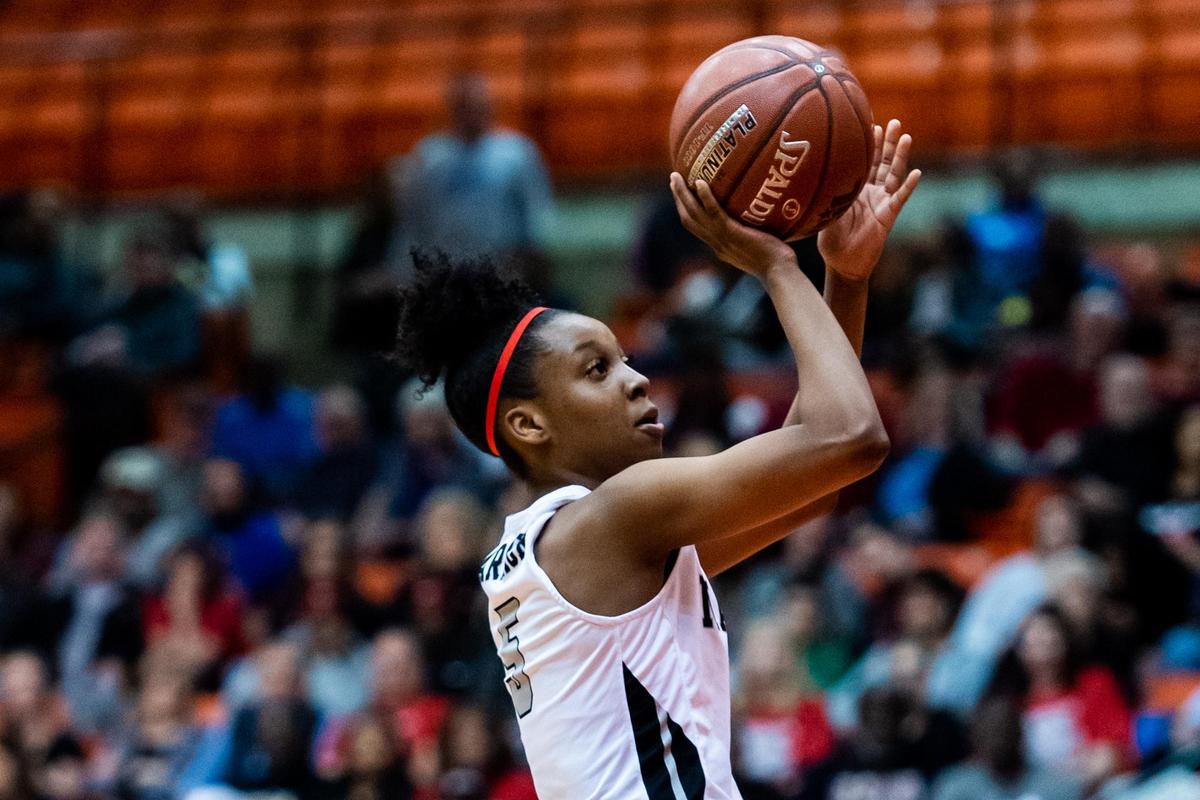 Mariah Roberts (5) pulls up to shoot during the 2nd half of the Region 1 Semifinal between Arlington Martin and Duncanville at the Wilkerson-Greines Activity Center in Ft. Worth, on February 28, 2019. (Photo by Matt Smith-Special to the Star-Telegram)