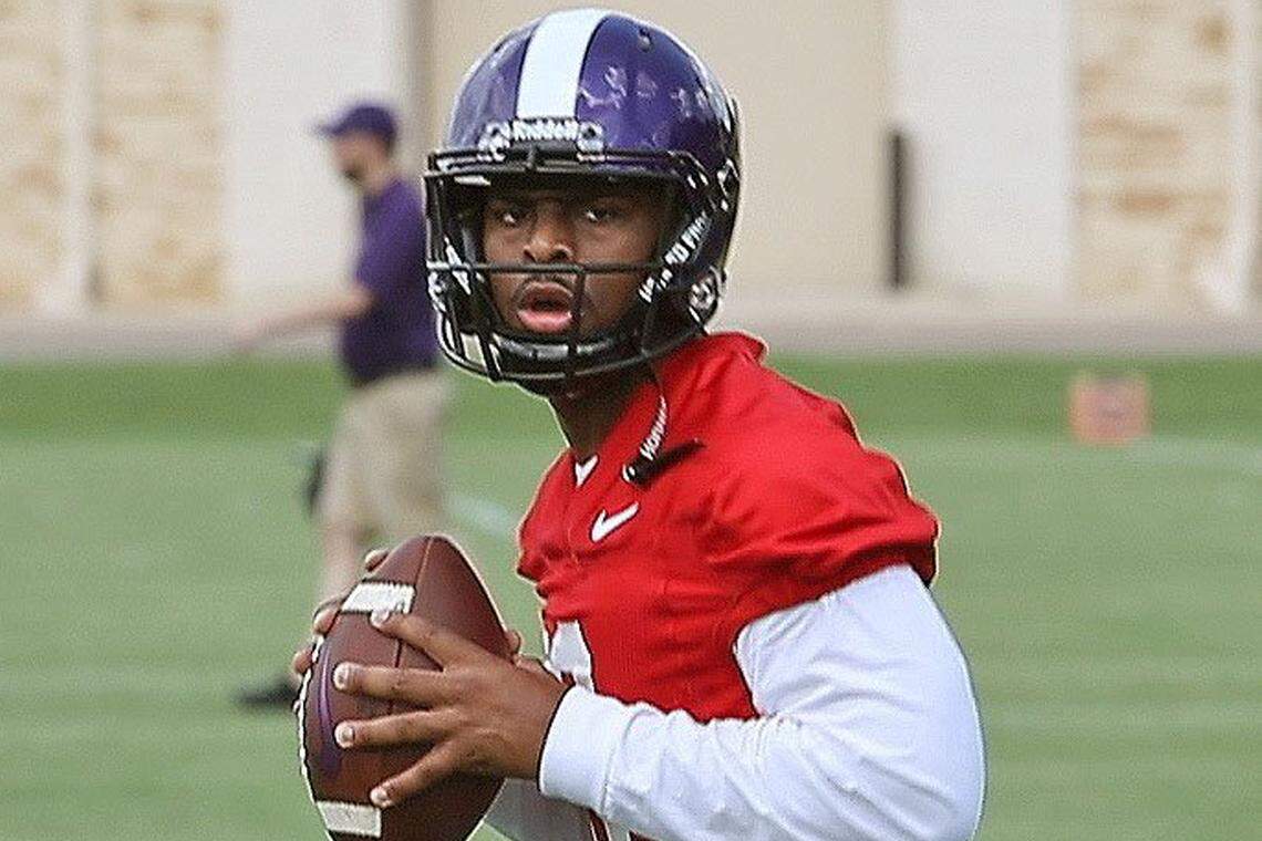 Shawn Robinson (QB, 3) during drills as the TCU Horned Frogs hold their first regular preseason practice in Fort Worth, Saturday, August 4, 2018.