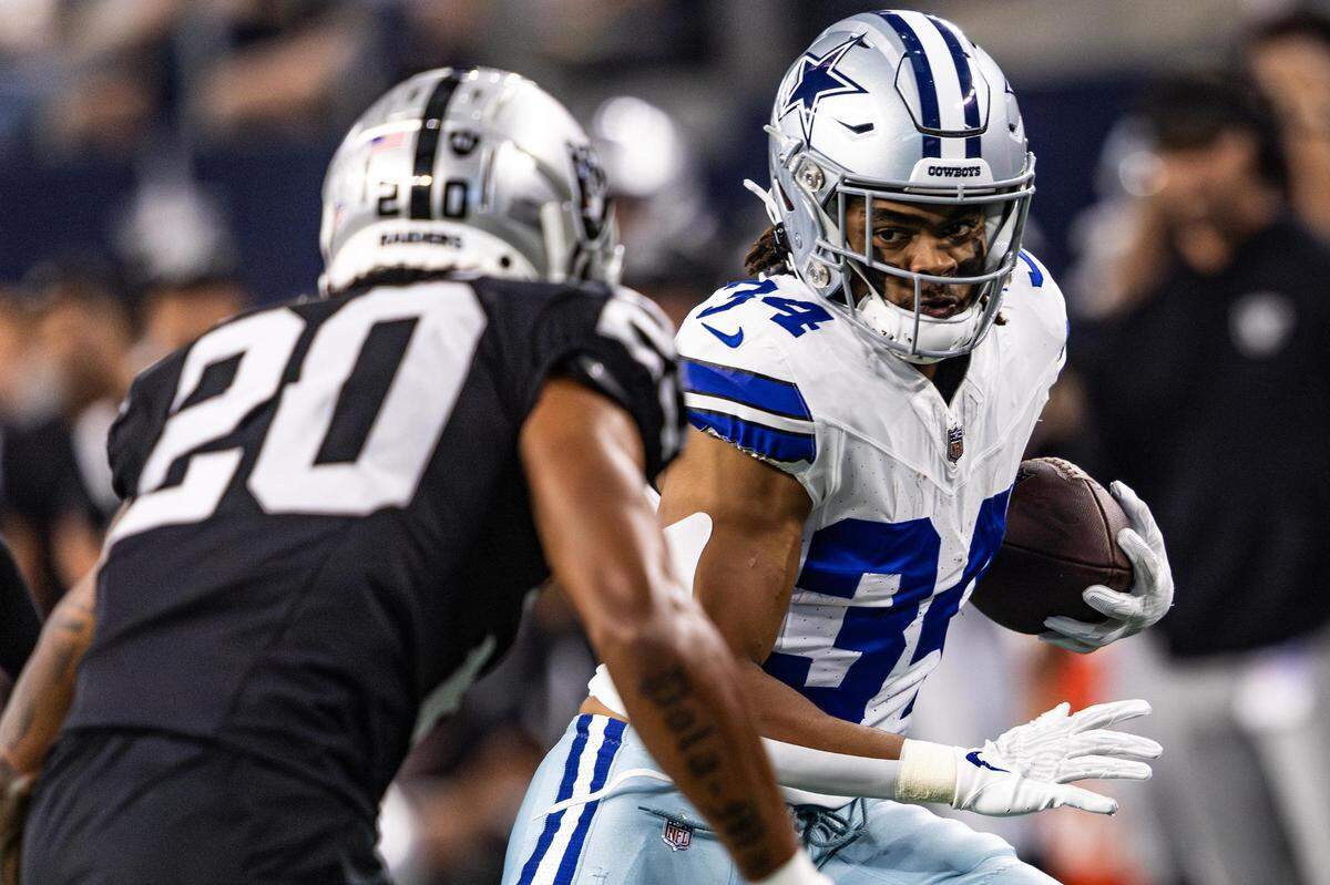 Dallas Cowboys running back Malik Davis (34) runs up field in the first half of a preseason game against the Las Vegas Raiders at AT&T Stadium in Arlington, Texas on Saturday, Aug. 26, 2023.