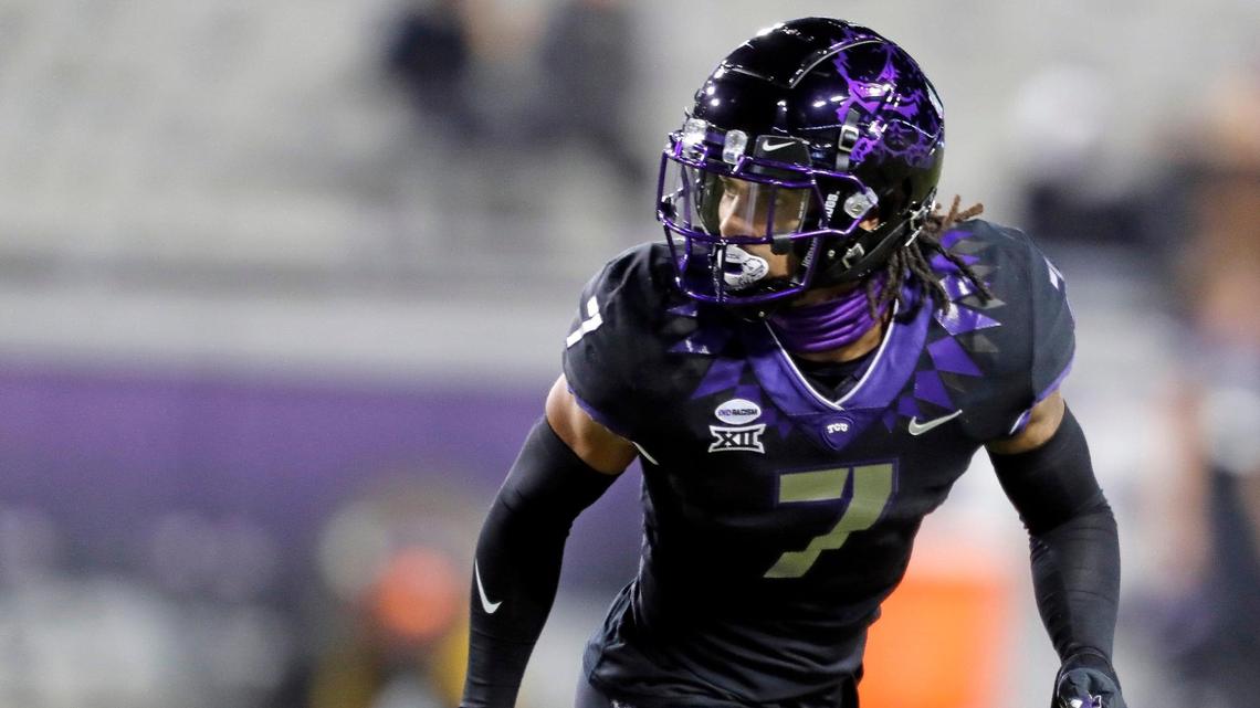 TCU safety Trevon Moehrig (7) tracks a receiver across the field during the second half of a NCAA football game at Amon G. Carter Stadium in Fort Worth, Texas, Saturday, Dec. 12, 2020. TCU defeated Louisiana Tech 52-10. (Special to the Star-Telegram Bob Booth)