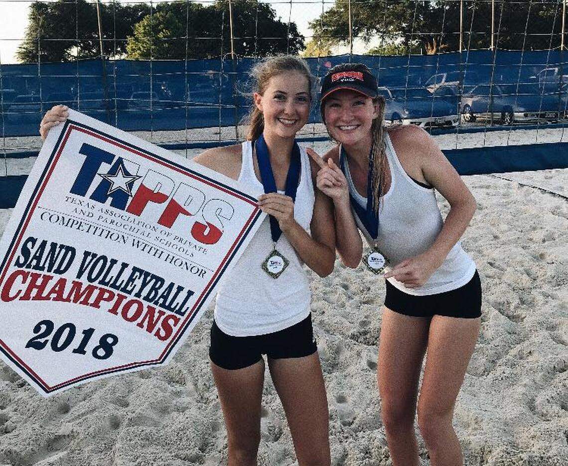 Arlington Grace Prep sisters Bonnie (left) and Molly Davis won the TAPPS sand volleyball state title in June.