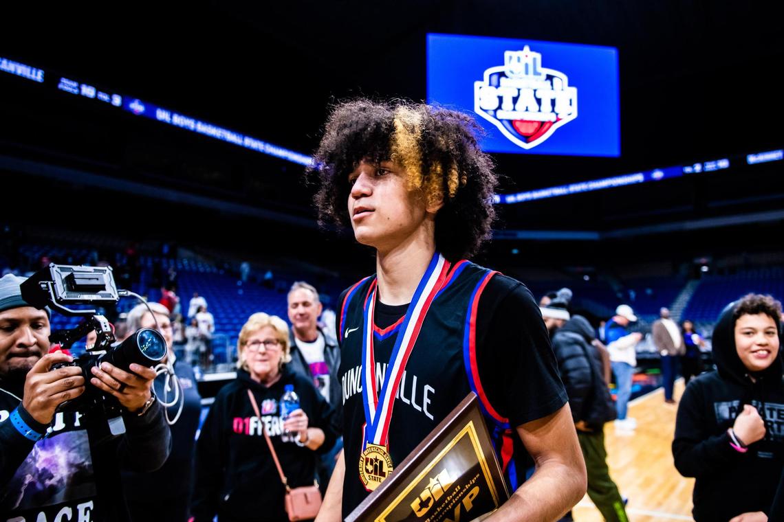 Anthony Black walking off the court as MVP after Duncanville downs McKinney 69-49 in San Antonio, at the Alamodome, on March 12, 2022.