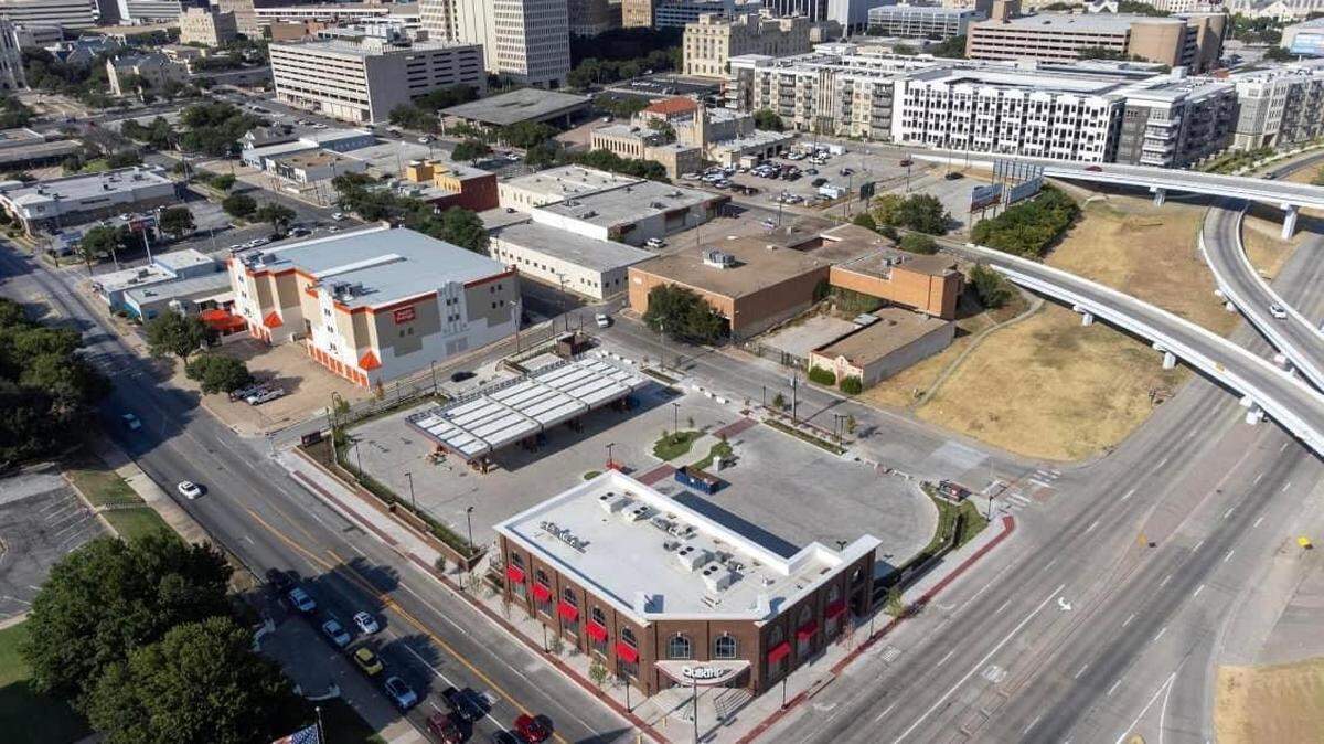 Aerial view of the QuikTrip gas station at the corner of Henderson Street and Lancaster Avenue in downtown Fort Worth.
