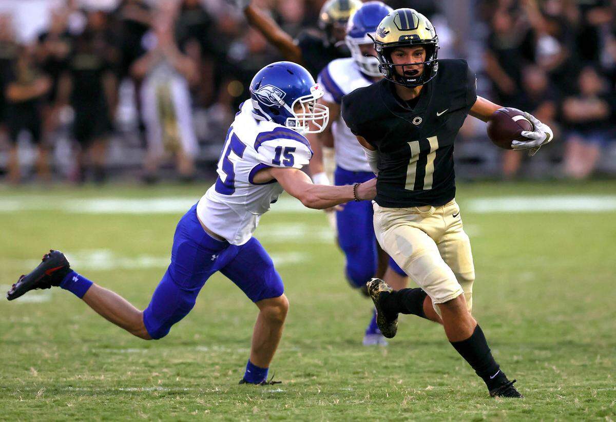 Cleburne kick returner Jason Pugh (11) returns a kickoff 68 yards for touchdown against Weatherford during the first half, Friday night, September 10, 2021 played at Yellow Jacket Stadium in Cleburne, TX. (Steve Nurenberg Special to the Star-Telegram)