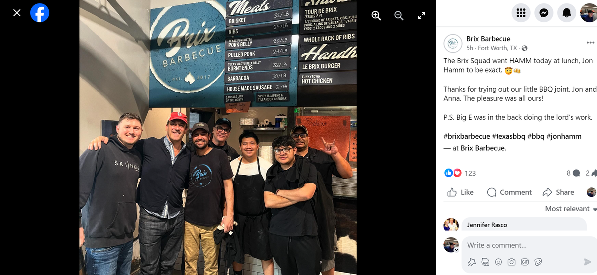 Actor Jon Hamm stopped by Fort Worth’s Brix Barbecue this week.