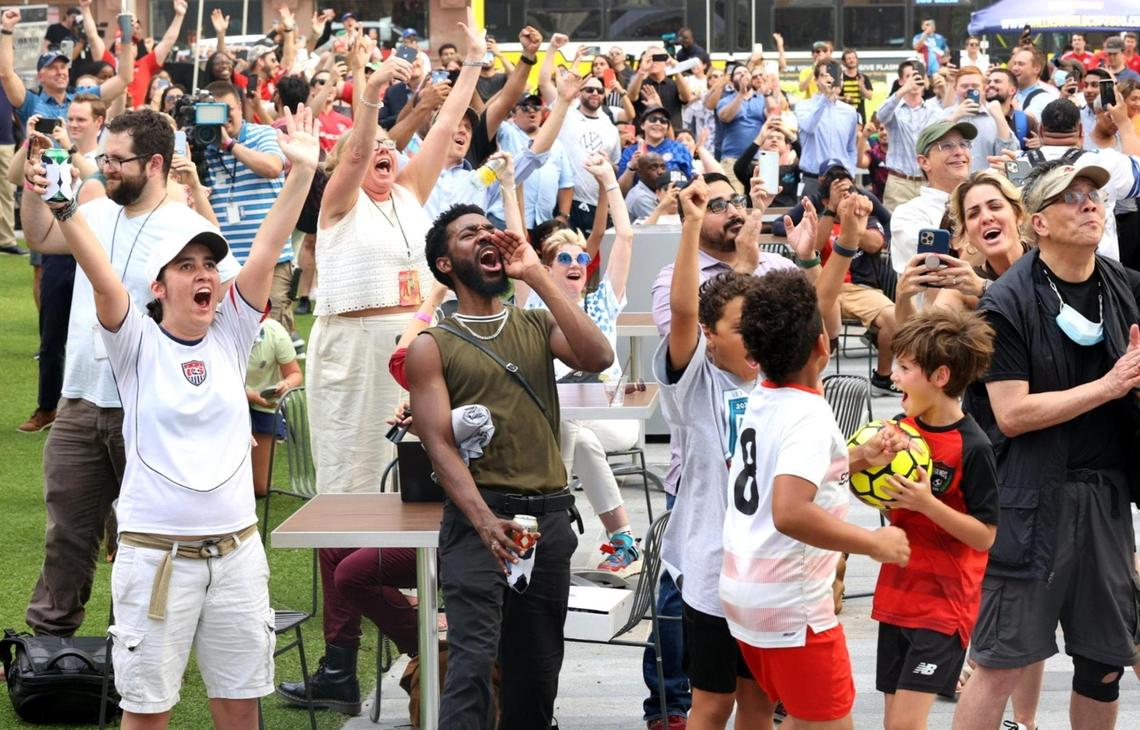 Soccer supporters from across North Texas react to the announcement of the Dallas-Fort Worth Metroplex as a host for the 2026 FIFA World Cup on Thursday, June 16, 2022, at the AT&T Discovery Center in Dallas, Texas.