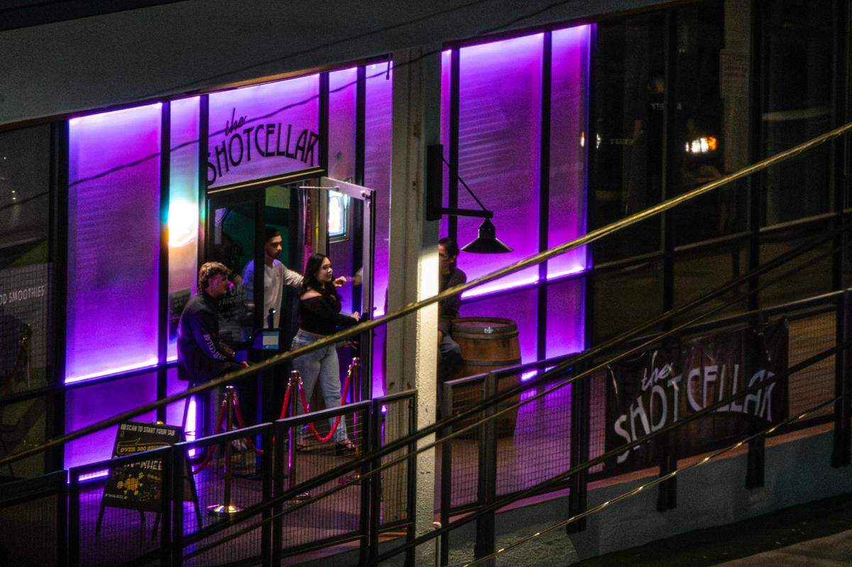 People come out of the Shot Cellar on Foch Street located in the West 7th District in Fort Worth on Friday, March 22, 2024. Out of a total of 3,197 crimes reported in Fort Worth’s entertainment districts from Jan. 1, 2023, to March 10, 2024, the largest number happened in the West 7th area, totaling 1,288.