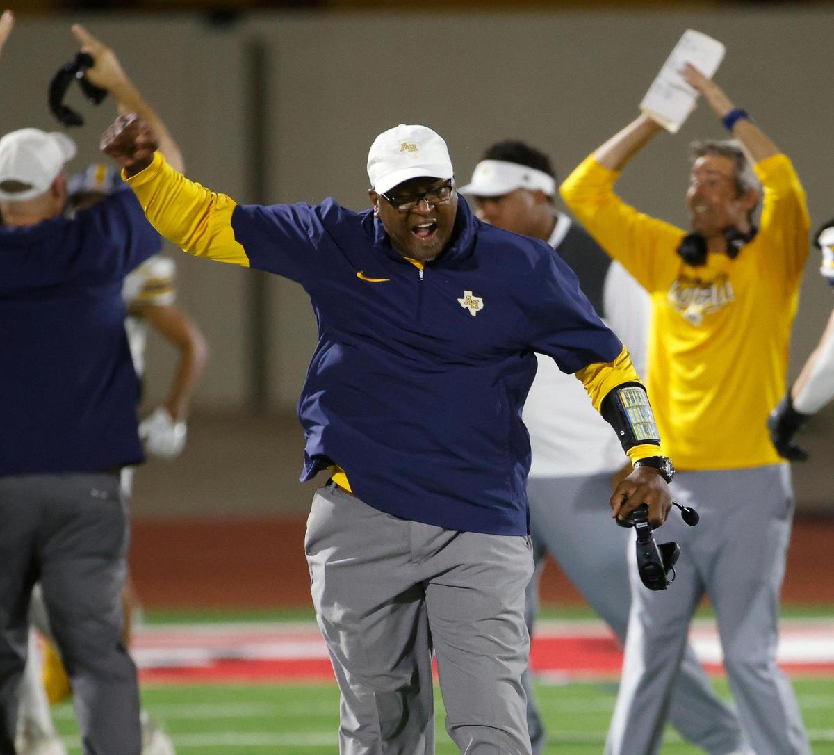 Arlington Heights head coach Curtis James celebrates a touchdown in the second half of a UIL football game at Clark Stadium in Fort Worth, Texas, Friday, Sept. 29, 2023. The Yellow Jackets defeated the Chaparrals 20-6 to spoil Wyatt’s homecoming.