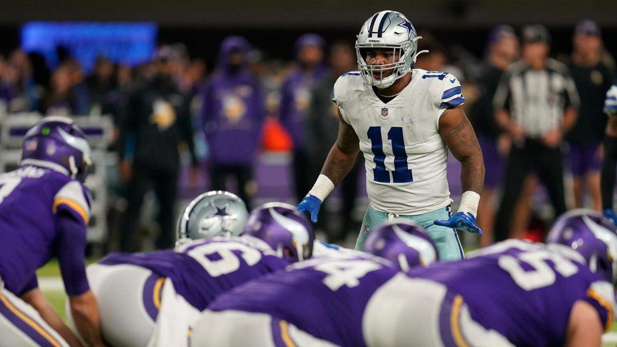 Dallas Cowboys outside linebacker Micah Parsons (11) gets set for a play against the Minnesota Vikings, Sunday, Oct. 31, 2021, in Minneapolis.