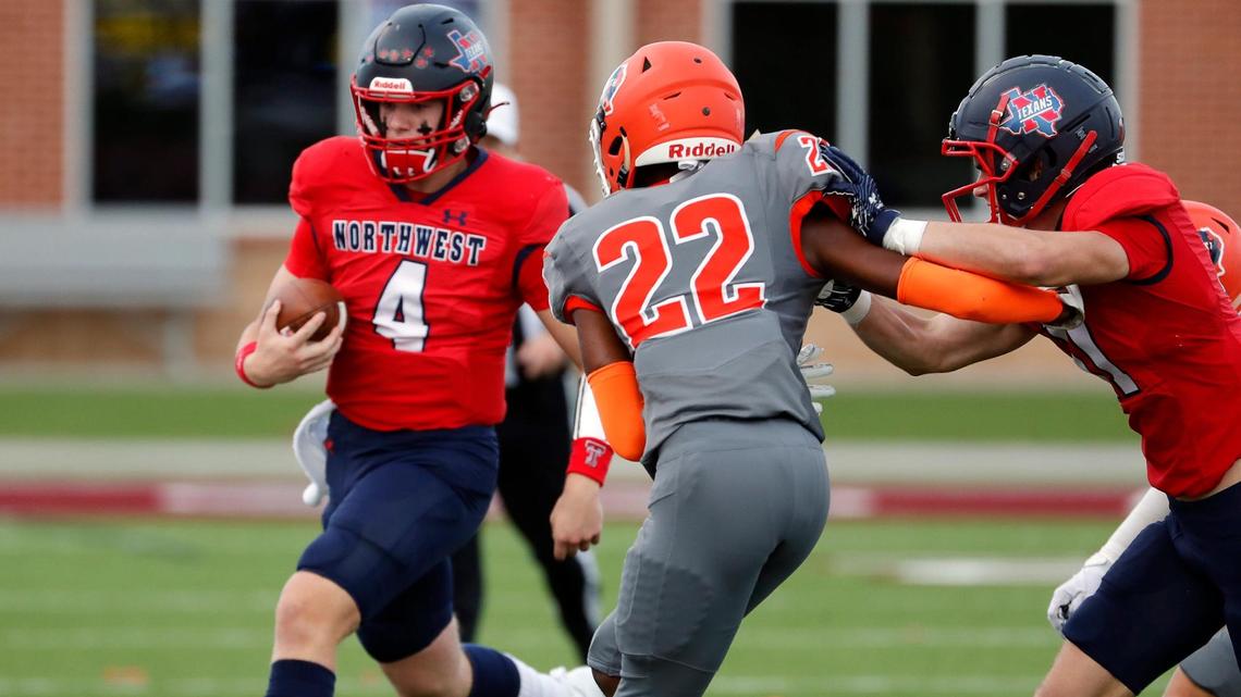 Northwest quarterback Jake Strong (4) steps out of bounds in front of McKinney North corner back David Walker (22) after a short gain in the first half of a high school football game at Northwest ISD Stadium in Justin, Texas, Friday, Sept. 02, 2022. With 48 seconds remaining in the half Northwest took the lead ahead of McKinney North 13-10. (Special to the Star-Telegram Bob Booth)