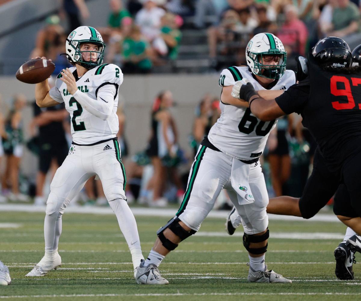 Southlake quarterback Angelo Renda (2) tosses a completion down field during a UIL 6A Conference football game at Pennington Field in Bedford Texas, Friday, Sept. 20, 2024.