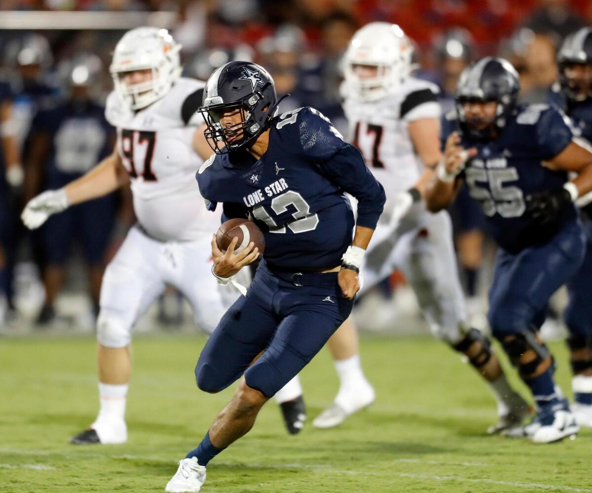 Lone Star quarterback Garret Rangel (13) scrambles for yardage during a high school football game at Toyota Stadium in Frisco, Texas, Thursday, Sept. 02, 2021. Aledo defeated Lone Star 45-35. (Special to the Star-Telegram Bob Booth)