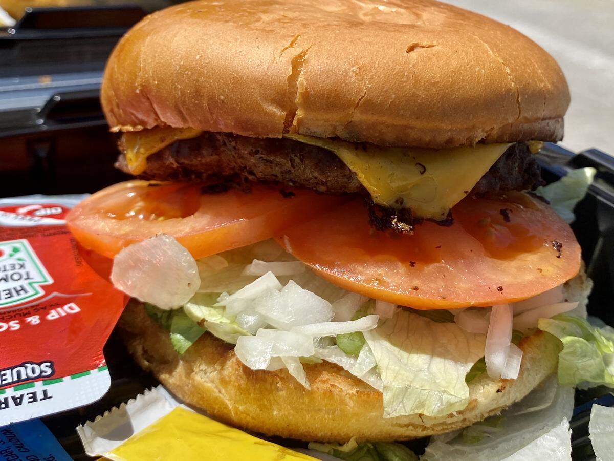 The Fred Burger as served to-go at Fred’s Texas Cafe North.