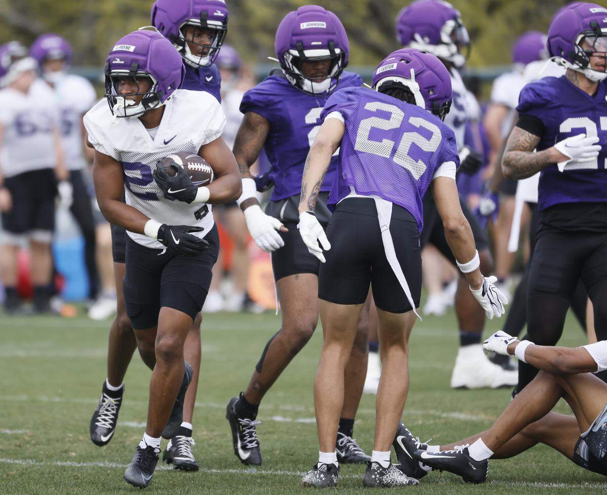 TCU running back Jeremy Payne carries the ball during the first day of Spring football practice at TCU in Fort Worth, Texas, Tuesday, March, 24, 2026.