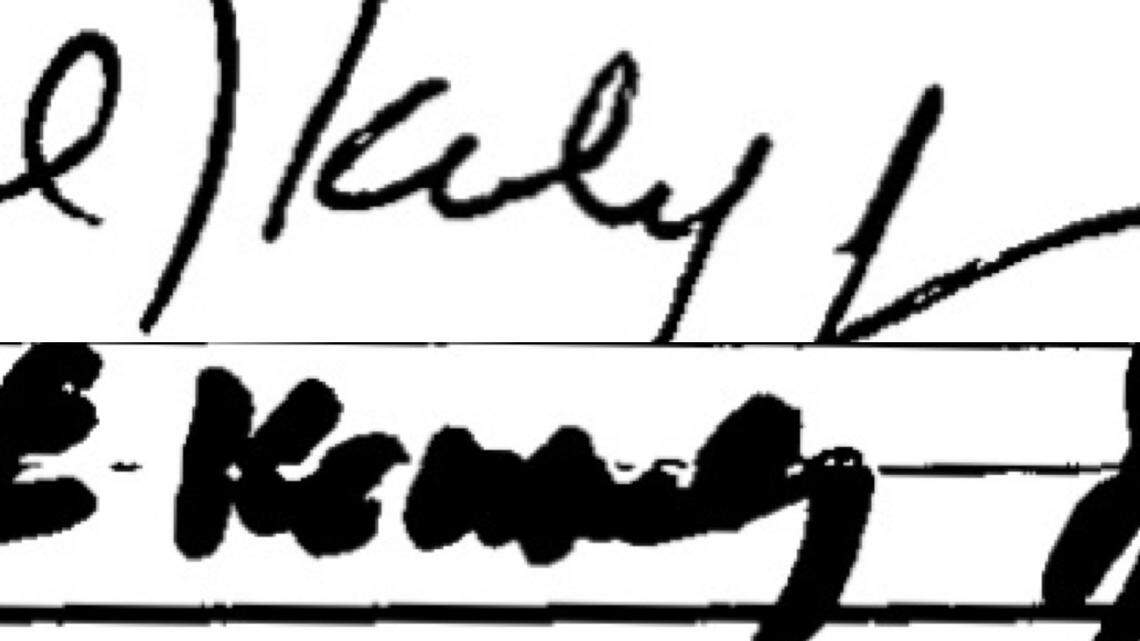 Bud Kennedy’s signature on the vote-by-mail application, top,was a sloppy scrawl. He signed his ballot envelope, but with a fuzzy Sharpie.