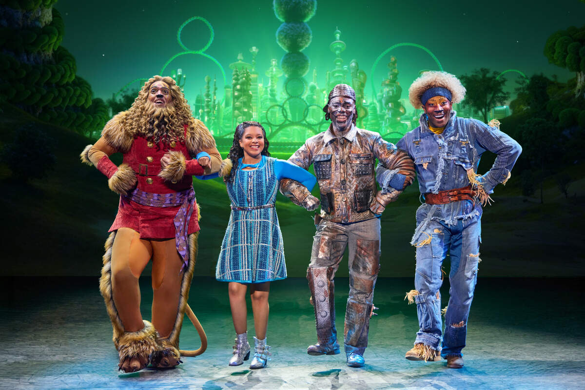 Cal Mitchell as The Lion, Dana Cimone as Dorothy, D. Jerome as The Tinman and Elijah Ahmad Lewis as The Scarecrow in the North American Tour of “The Wiz.”