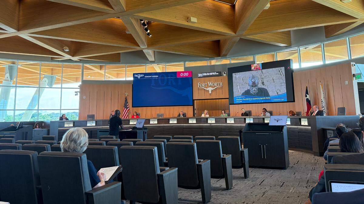 Adrian Smith addresses members of the Fort Worth City Council on Tuesday, June 10, about his opposition to the use of Flock cameras at public rights of way.