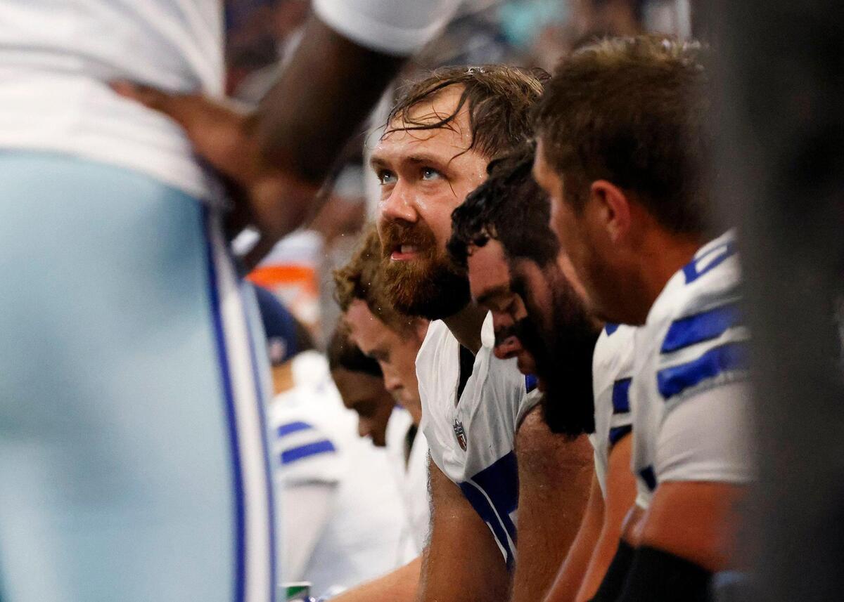 Dallas Cowboys right guard Josh Ball on the sideline with the offensive line during the second quarter against the Jacksonville Jaguars on Saturday, August 12, 2023, at AT&T Stadium in Arlington.