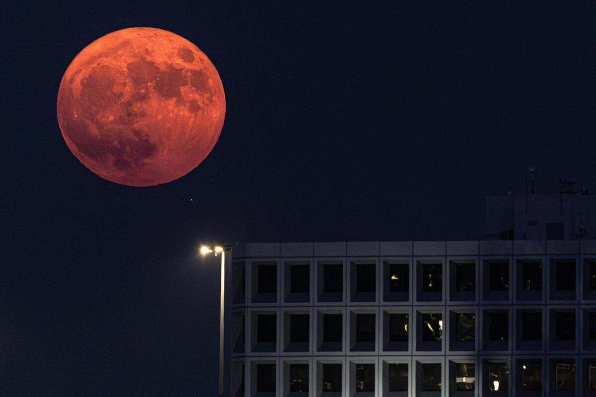 The Super Blue Moon rises over the Summit Office Park Plaza near downtown Fort Worth on Wednesday, Aug. 30, 2023.