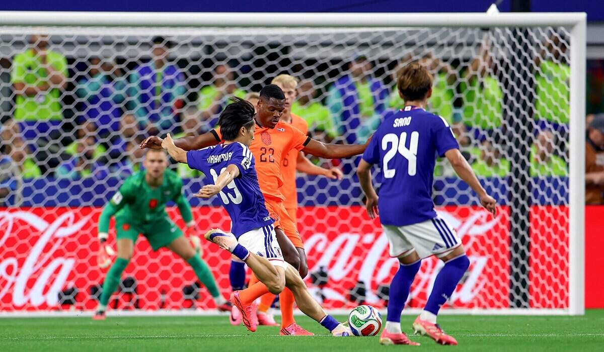 Japan midfielder Keito Nakamura takes a shot against Netherland during the second half of the World Cup matchup on Sunday, June 14, 2026, at Dallas Stadium in Arlington.