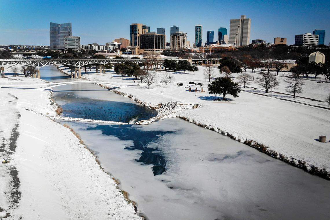 The Trinity River is mostly frozen on Feb. 15, 2021, in Fort Worth.