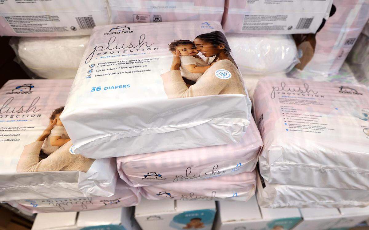 A stack of diapers waits to be distributed to families at Community Crossroads, First Presbyterian Church’s mission outreach center, on July 31, 2023. 