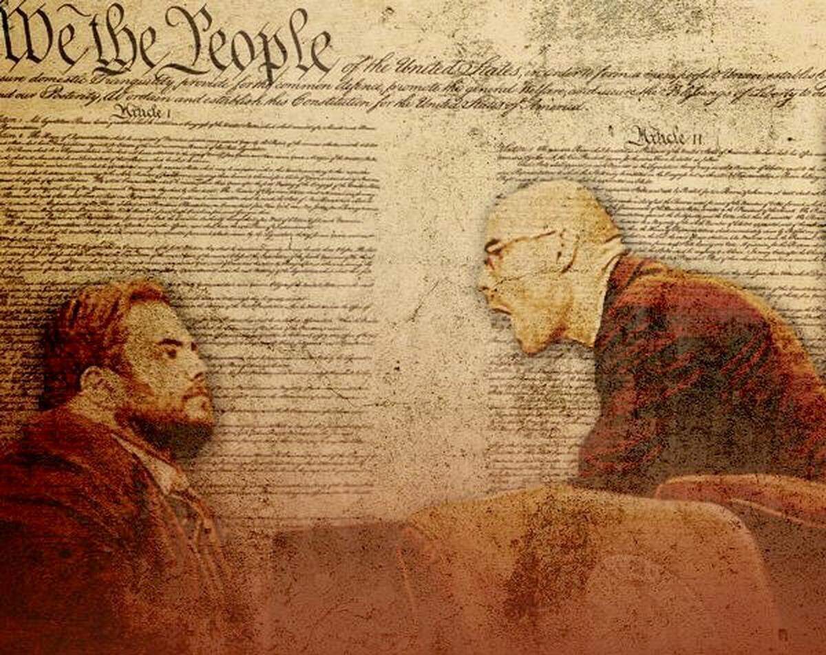 Texas Gun Rights posted this sketch rendering of now-House Speaker Dennis Bonnen talking to state Rep. Jonathan Stickland in May 2017 during the last session of the Texas Legislature. The original photo was taken by Marjorie Kamys Cotera for the Texas Tribune.