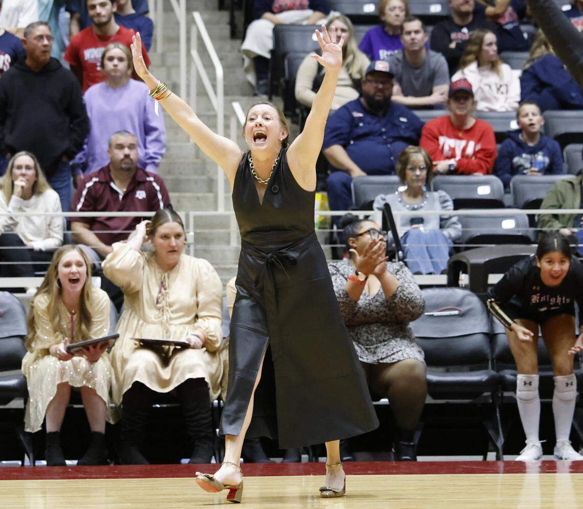 Fort Worth Eagle Mountain head coach Catherine Foerster reacts to play against Wimberley during the third set of the UIL Class 4A Division II state volleyball championship game Friday Nov. 21, 2025 at Curtis Culwell Center in Garland, Texas.
