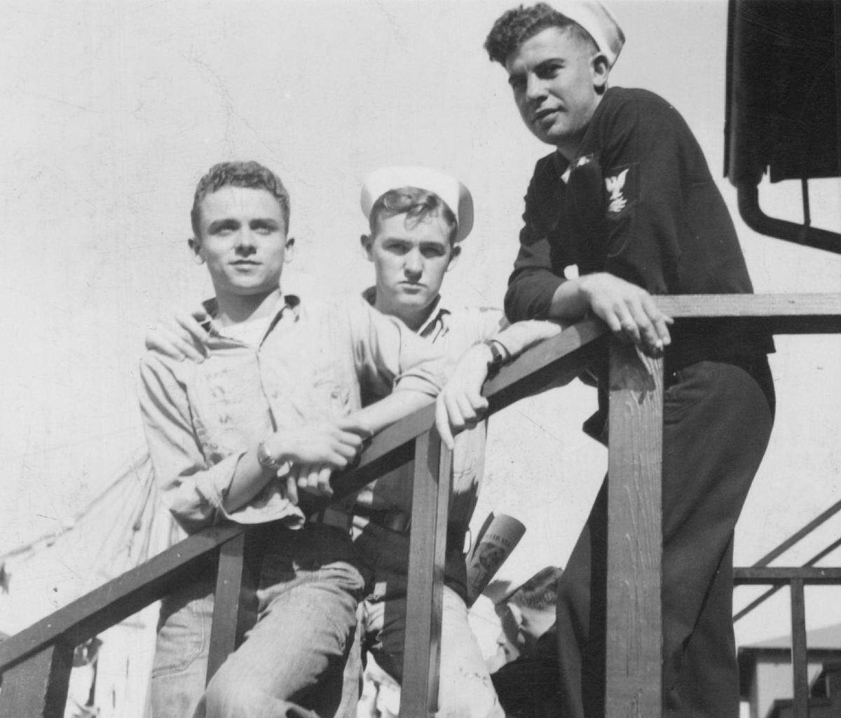 Jack Raskopf and crewmates aboard a naval vessel during World War II. Raskopf was a radio operator, but by some mistake (either mixed-up orders or getting on the wrong boat) ended up taking part in the invasion of Normandy.