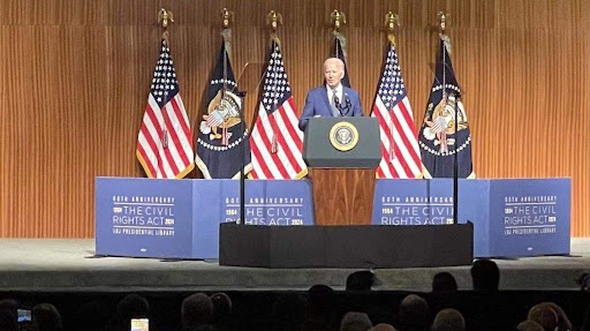 President Joe Biden speaks at an event marking the 60th anniversary of the Civll Rights Act in Austin.
