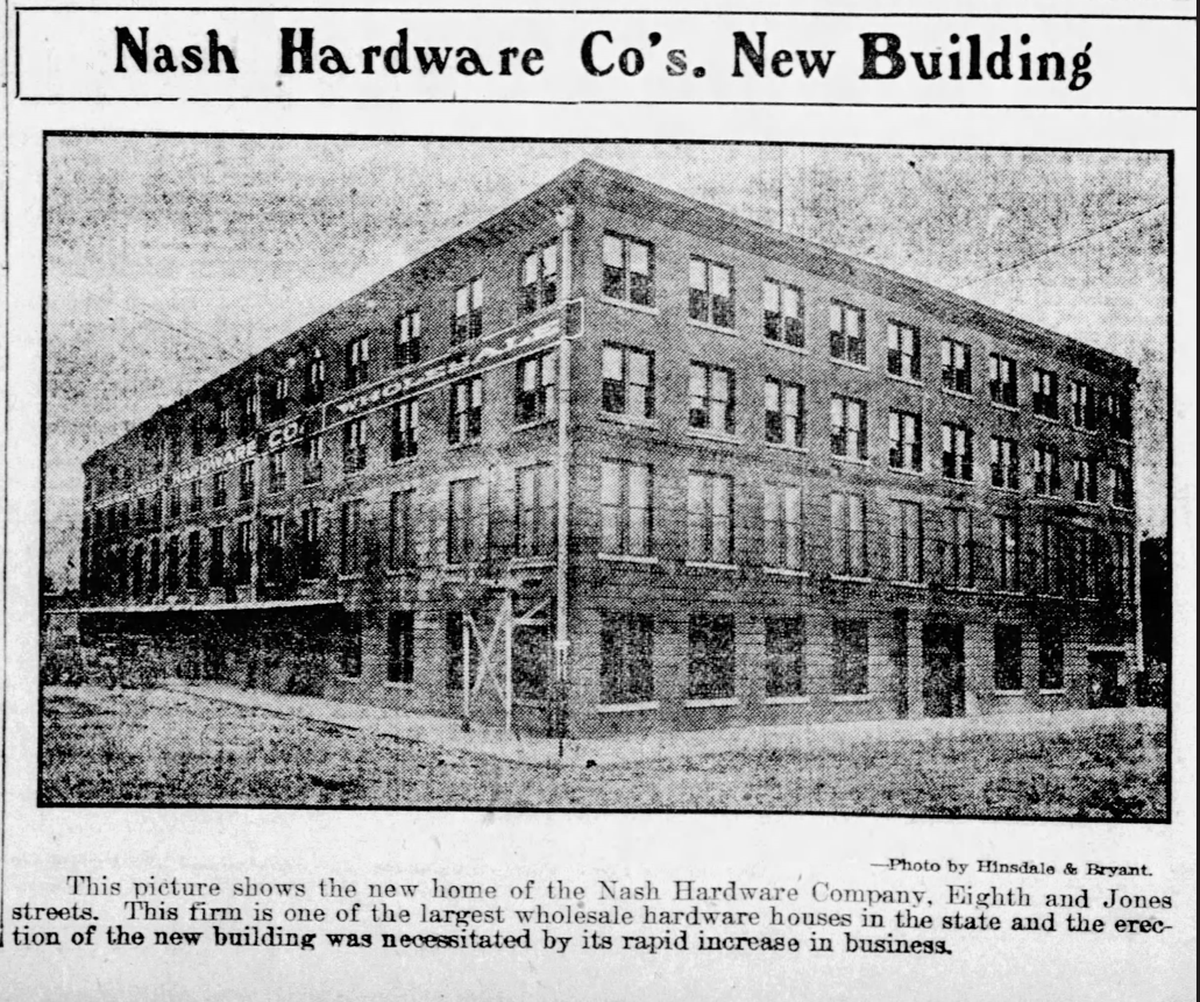 The Nash Hardware Company moved into a new building in 1910.