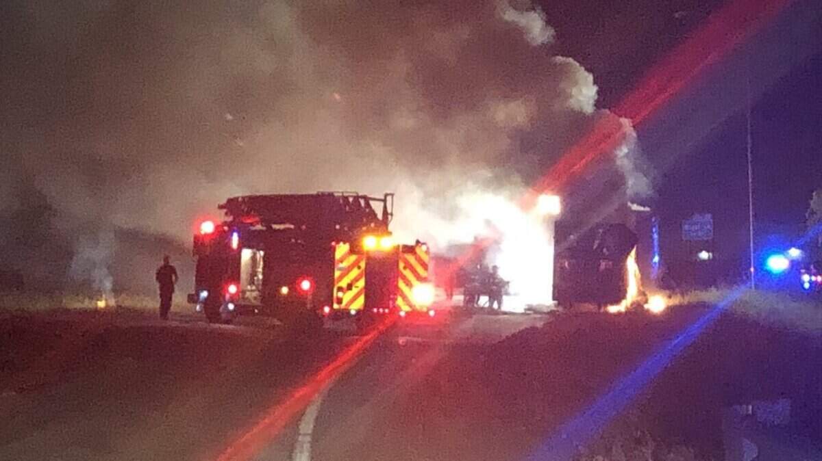 The brakes on an 18-wheeler caught fire and soon engulfed the truck near the intersection of I-635 and Highway 114 in Grapevine early Tuesday, according to the Grapevine Fire Department.