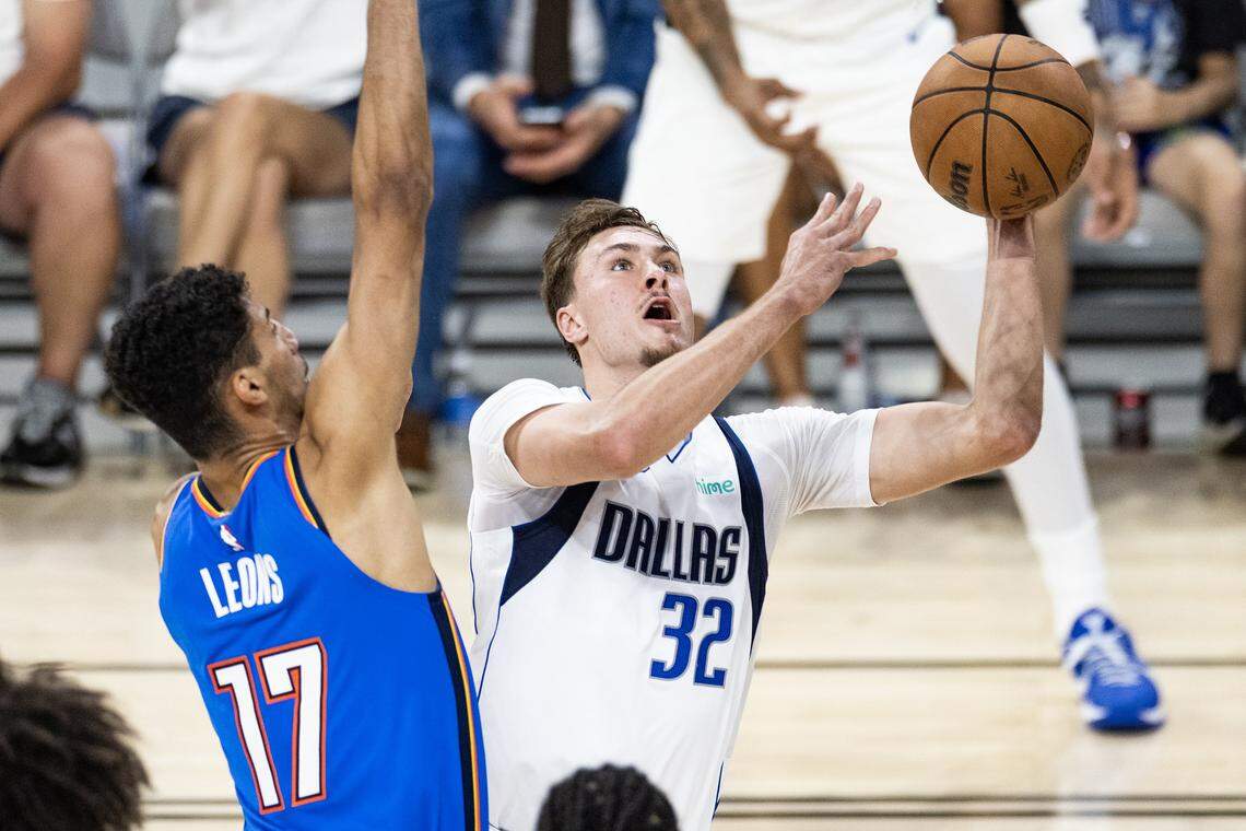 Mavericks forward Cooper Flagg (32) goes up for a layup in the first half of a preseason NBA game between the Dallas Mavericks and Oklahoma City Thunder at Dickies Arena in Fort Worth on Monday, Oct. 6, 2025.