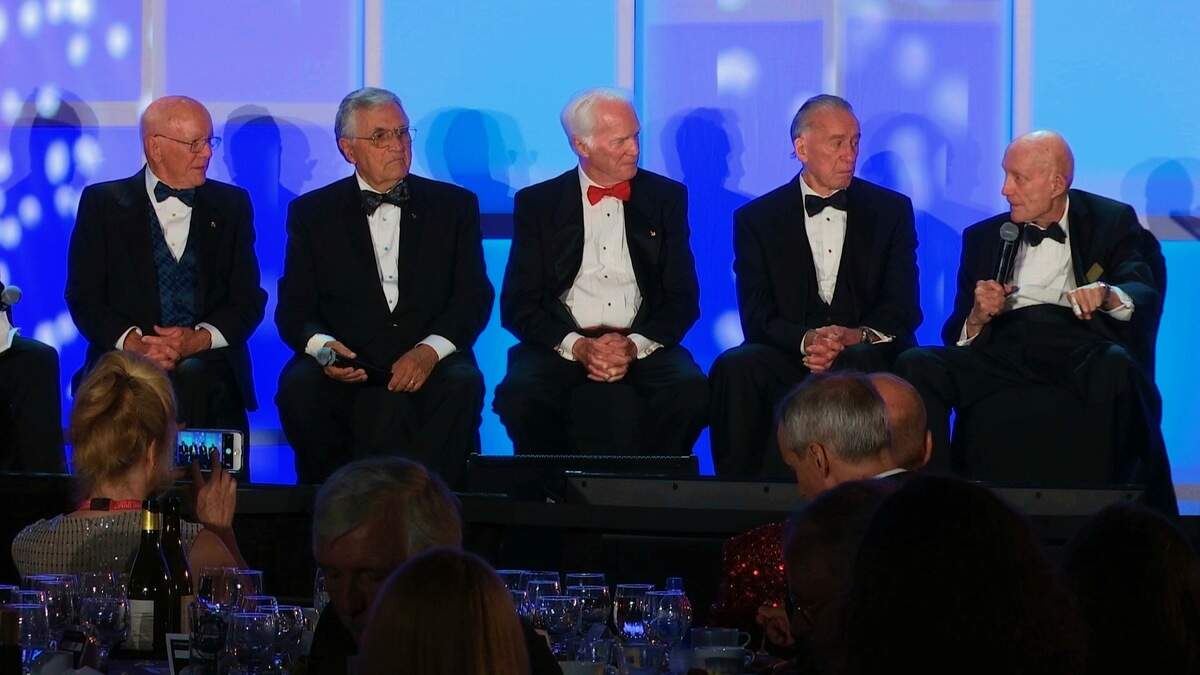 Former Johnson Space Center Director Gerry Griffin, left, a flight director for all of the crewed Apollo missions, sits next to Apollo astronauts Harrison Schmitt, Rusty Schweickart, Walt Cunningham and Tom Stafford, from second from left, during a panel discussion at the Apollo Celebration Gala at the Kennedy Space Center in Cape Canaveral, Fla., Saturday, July 21, 2018. The event kicked off a yearlong celebration of the upcoming 50-year anniversary of the first moon landing. (AP Photo/Alex Sanz)